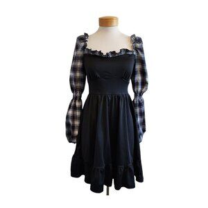 Scarlet Darkness Punk Grunge Black Plaid Puff Sleeve Knee Length Dress S